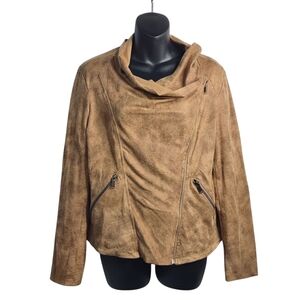 Elan Jacket Women's Brown Faux Suede Cowl Neck ZIP Up Moto Jacket Sz M